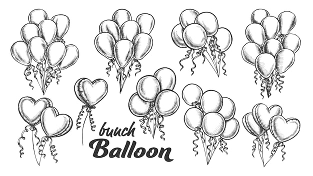 Vector balloons bunch with curly ribbon retro set