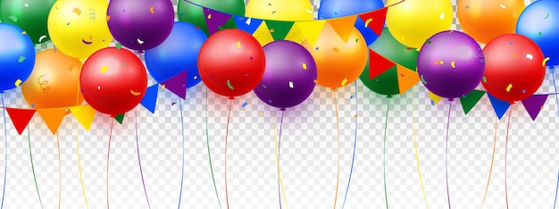 Balloons and flag bunting for Celebration Banner Birthday Party Festive on transparent background.