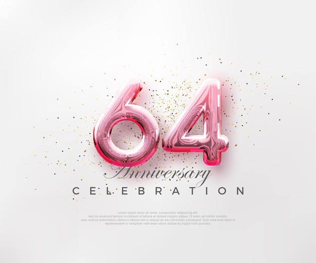 Balloons number 64th with red numbers on a bright pink background Premium vector for poster banner celebration greeting