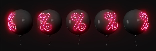 Вектор Шары с реалистичным 3d-дизайном. стильные черные шары с неоновым символом с процентными скидками на темном фоне. векторная иллюстрация