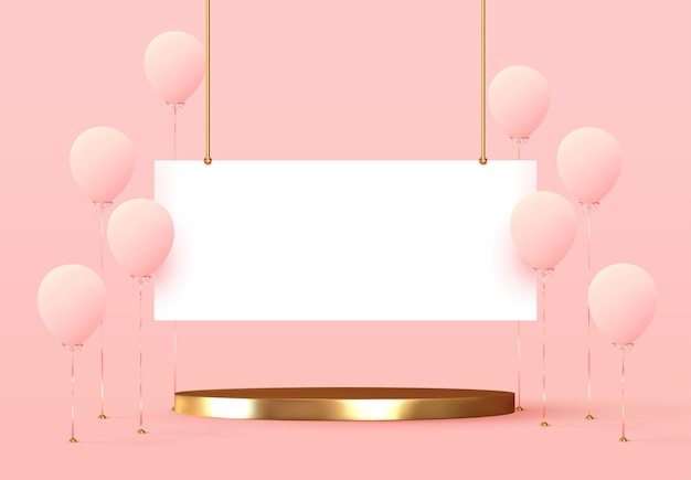 Vector balloons and presentation platform. stage podium. banner template with realistic group of helium balloons in pink color with golden stand. round gold pedestals isolated mockup. vector illustration