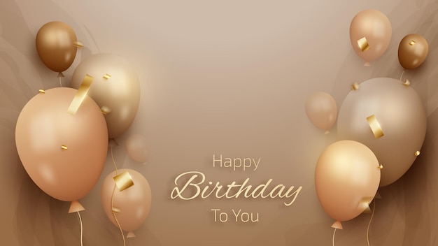 Balloons and ribbon on brown watercolor shade background. Birthday greeting