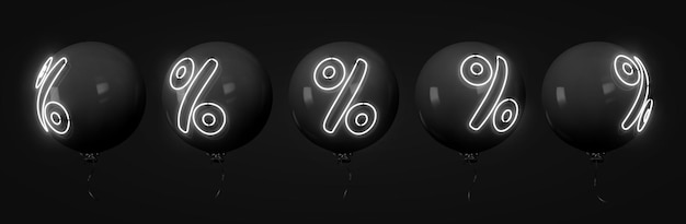 Vettore palloncini di design 3d realistico. eleganti palloncini neri con sconti percentuali sul simbolo al neon isolati su sfondo scuro. illustrazione vettoriale