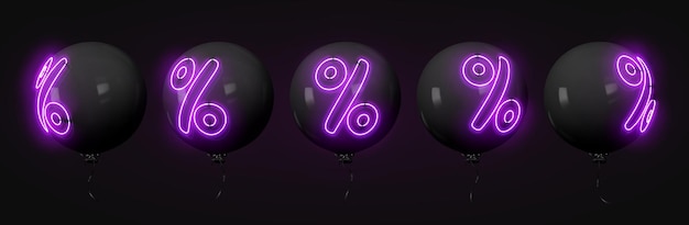 Vector balloons of set realistic 3d design. stylish black ballons with neon symbol percent discounts isolated on dark background. vector illustration