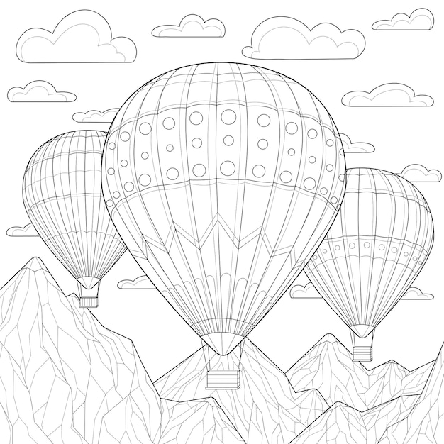 Vettore palloncini si librano tra le nuvole e le montagne. libro da colorare antistress per bambini e adulti. stile zen-groviglio. disegno in bianco e nero