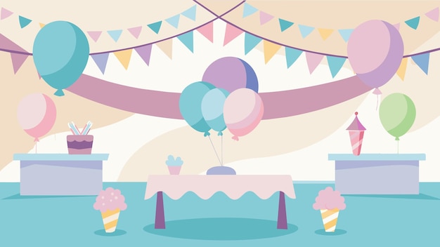 Balloons and streamers in pastel colors decorate the venue adding a festive touch to the ice cream