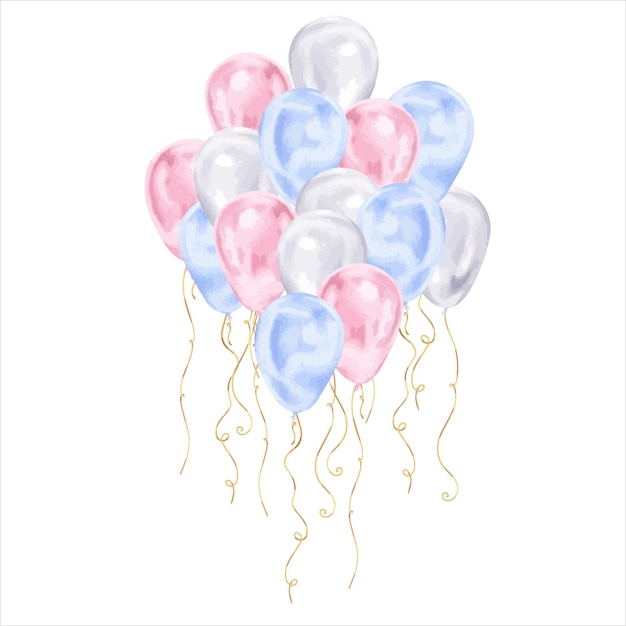 Balloons Vector illustration Hand drawn graphic clip art of baloon on white isolated background Watercolor drawing of blue and pink birthday ballon For baby happy birthday decoration