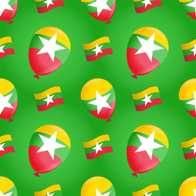 Vector balloons with the flag of myanmar on a green background seamless pattern for printing