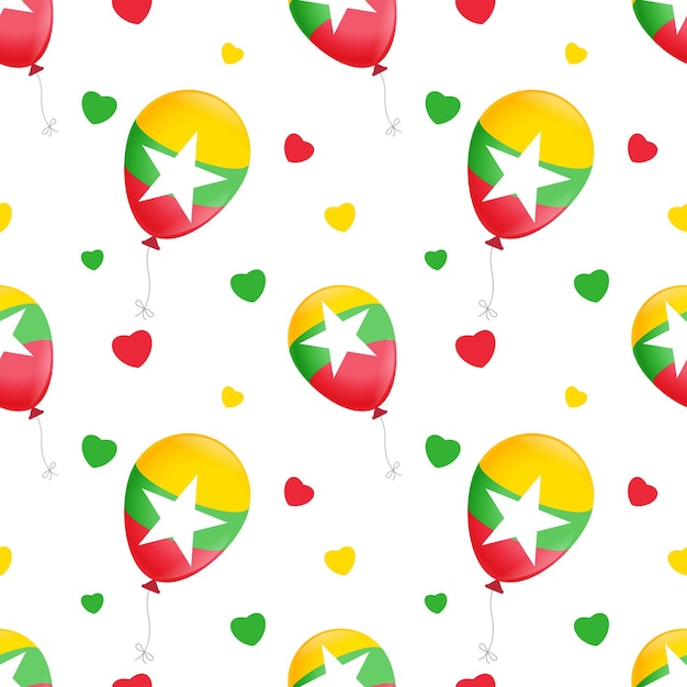 Vector balloons with the flag of myanmar and hearts on a white background seamless pattern for printing