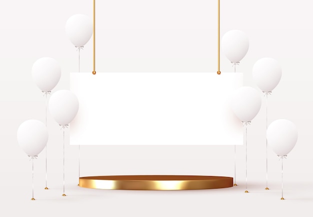 Balloons with podium space for text and objects, presentation template, holidays, discounts, sale banner, web poster. Celebrate birthday. Festive Stage with group white ballons. vector illustration