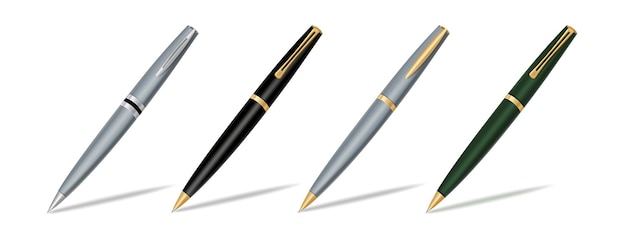 Ballpen set vector design ballpen 3d realistic elements in metallic ballpoint pen for offices