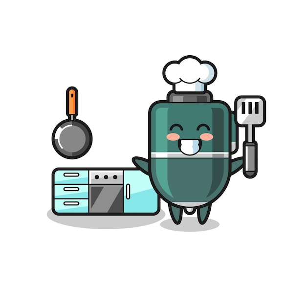 Illustrazione del personaggio della penna a sfera mentre uno chef cucina, design carino