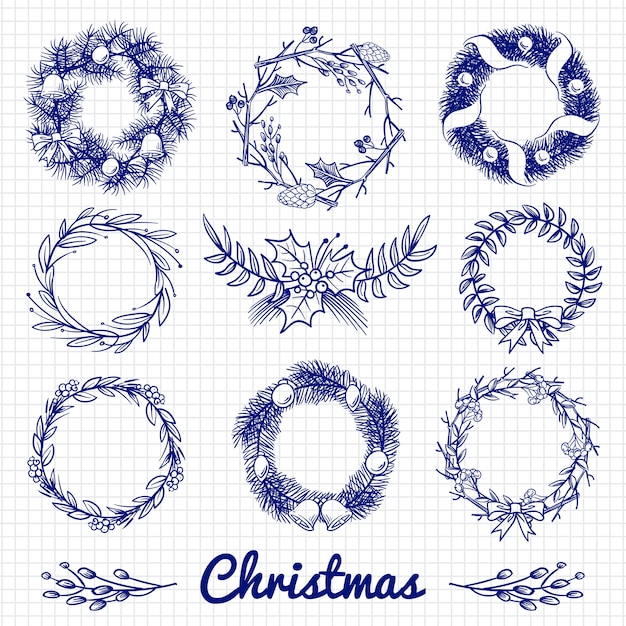 Ballpoint pen drawing christmas doodle wreath and decorative branches