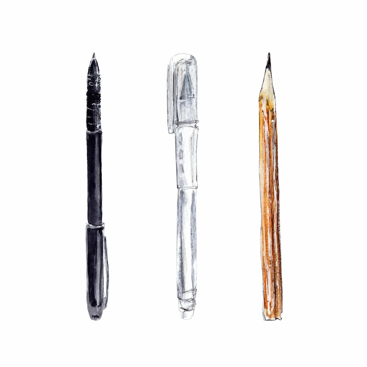 Vector ボールペン 白ゲルペンとシンプルな鉛筆 学用品 水彩 手描き スケッチ イラスト