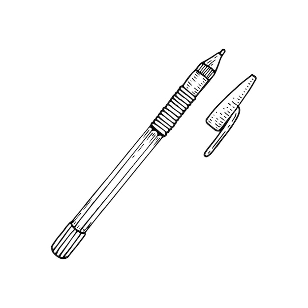 Vettore penna a sfera con schizzo a cappuccio aperto elemento di cancelleria line art illustrazione vettoriale doodle disegnata a mano