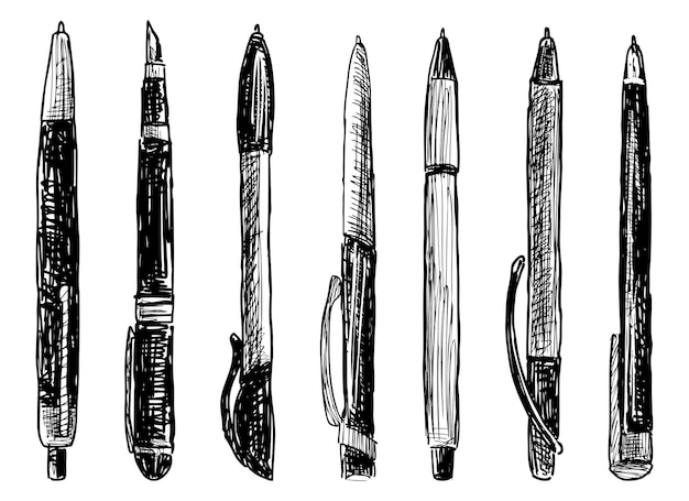 ballpoint pens different stationery writing instrument set black and white vector illustration