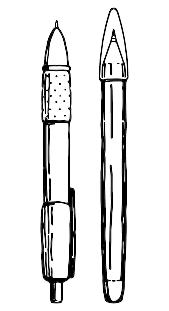 볼펜 낙서 세트 학교 공급 사무실 편지지 쓰기 장비의 스케치 손으로 그린 벡터 일러스트 레이 션 개요 클립 아트 흰색 절연