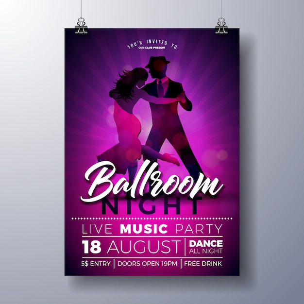 Ballroom night party flyer illustration with couple dancing tango on purple background.