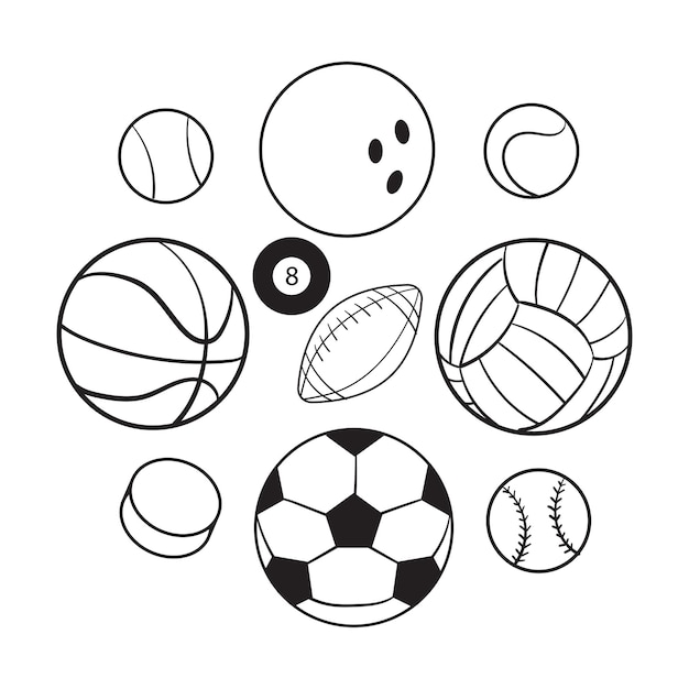 Vector balls for different sports line drawing. vector sketch isolated on white background.