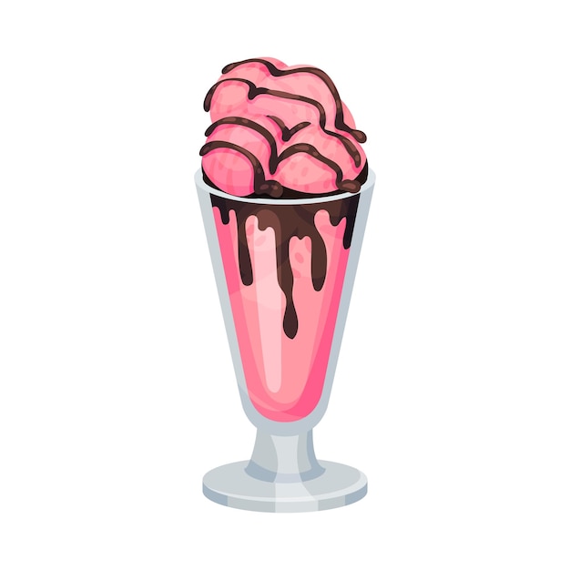 Vector balls of ice cream in glass tub with chocolate topping vector illustration