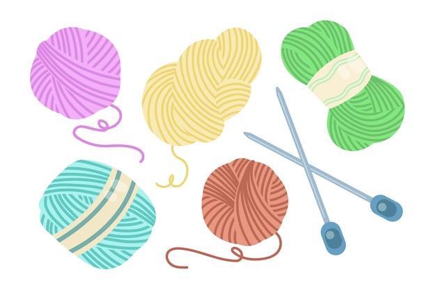針と糸のボール漫画イラストセット。カラフルな編みウールロール、かせ、ボビン、クルー、白い背景で隔離の綿糸。縫製、手工芸品、かぎ針編み、テキスタイルのコンセプト