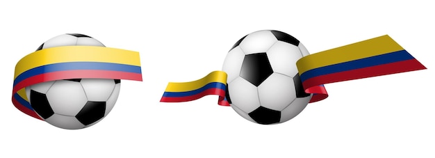 Balls for soccer classic football in ribbons with the colors of Columbia flag Design element for football competitions Colombia national team Isolated vector on white background