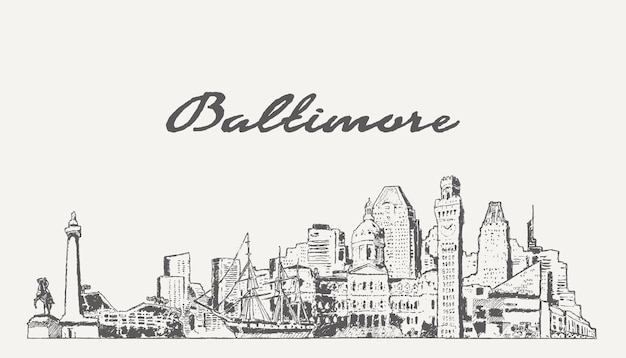 Baltimore skyline, Maryland, USA, hand drawn vector illustration, sketch