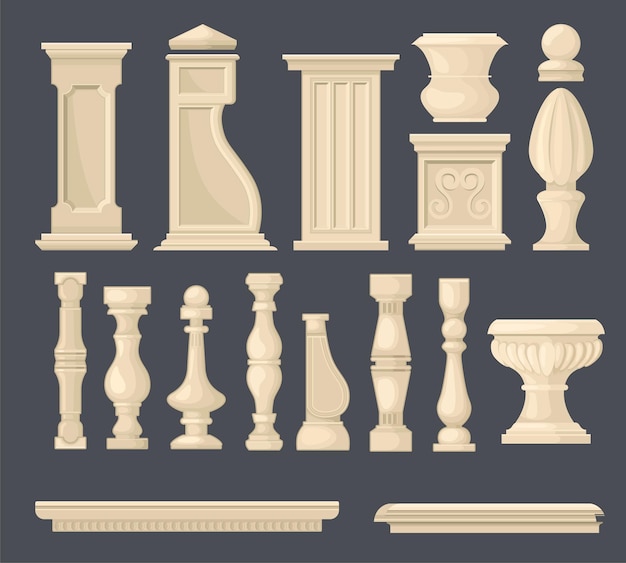 Balusters vaaskolom set met geïsoleerde afbeeldingen van sierlijke stukken klassieke architectuur gekleurd in bruine vectorillustratie