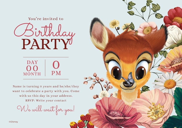 Цветочное приглашение на день рождения с Бэмби
