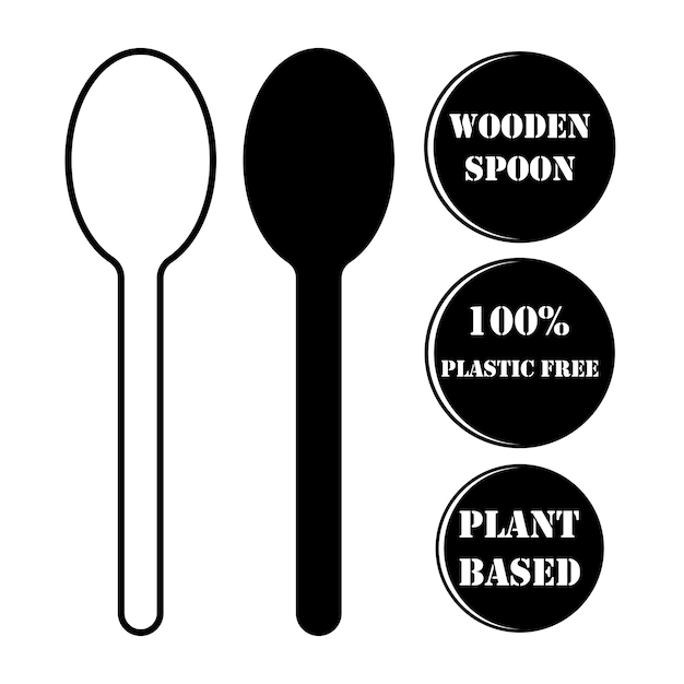 Bamboe lepel pictogram. 'wooden spoon', 'plastic free' en 'plantbased' stickers.