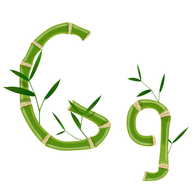 Bamboe letter G met jonge scheuten met bladeren, eco vector lettertype