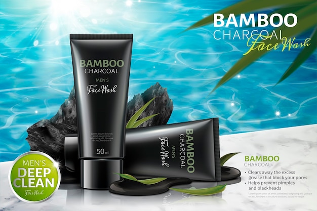 Bamboo charcoal face wash ads with carbons on poolside