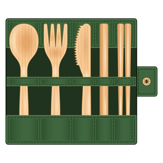 Vector bamboo cutlery in case realistic isolated