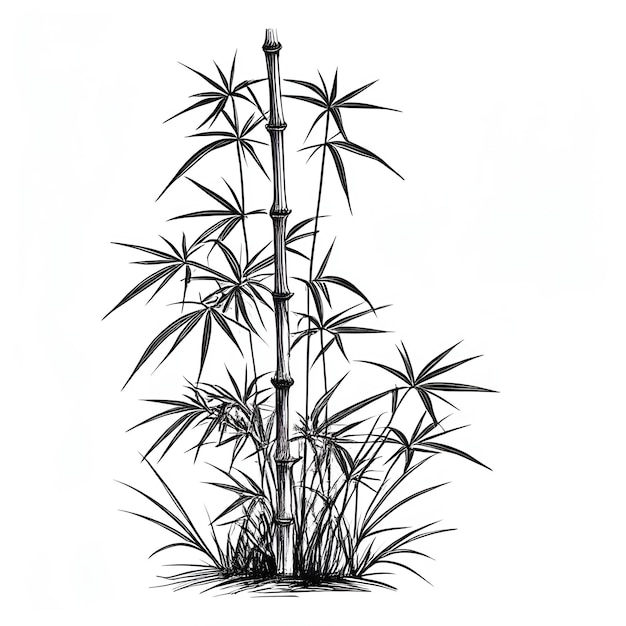 Черно-белая векторная иллюстрация чернильного эскиза в стиле гравировки бамбука