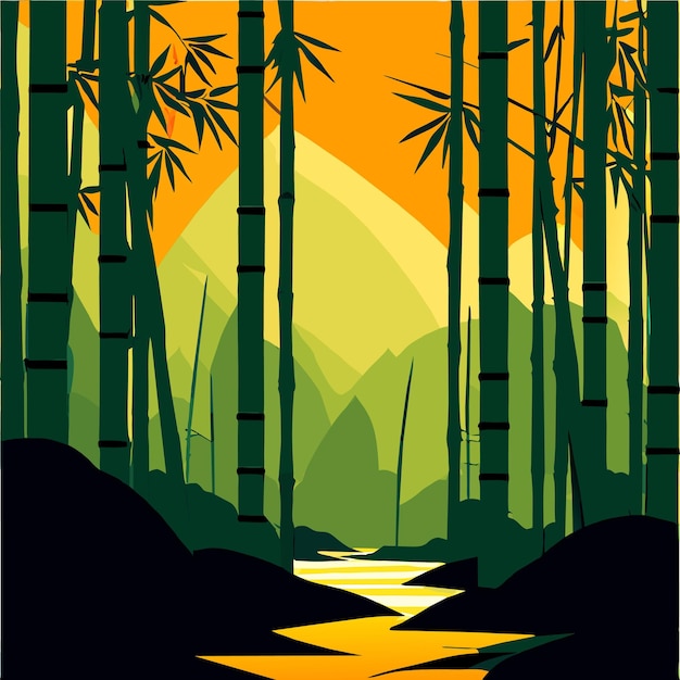 Vector bamboo forest background with river vector illustration