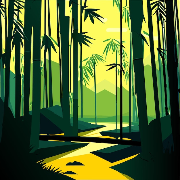 Vettore fondo di foresta di bambù con illustrazione vettoriale del fiume