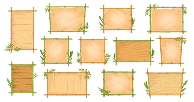 Vector bamboo frames jungle borders with bamboo sticks leaves and parchment paper wooden planks exotic signs ui game design flat vector illustration set asian bamboo signboard collection