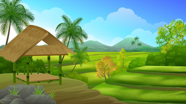 Bamboo hut on the hill with paddy rice field terrace and mountain, beautiful rural farming landscape