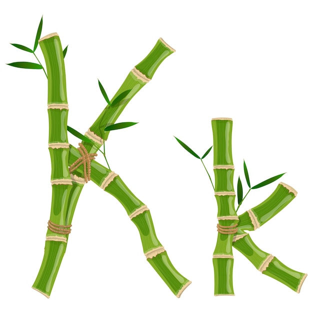 Bamboo letter K with young shoots with leaves, eco vector font