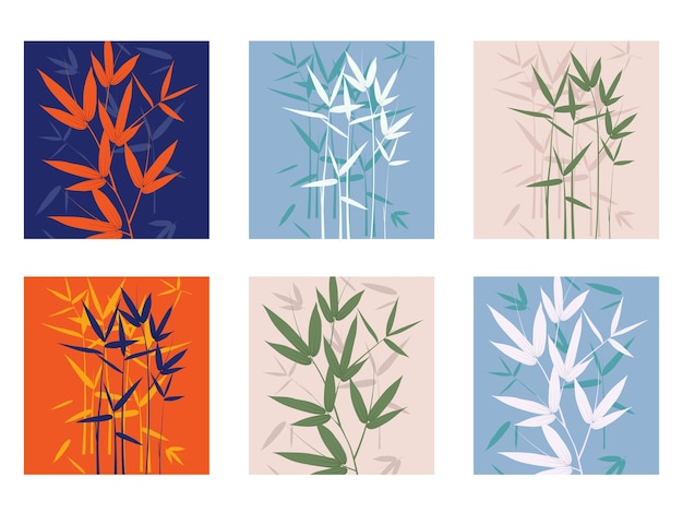 Bamboo plants trees natural branches and leaves poster art set