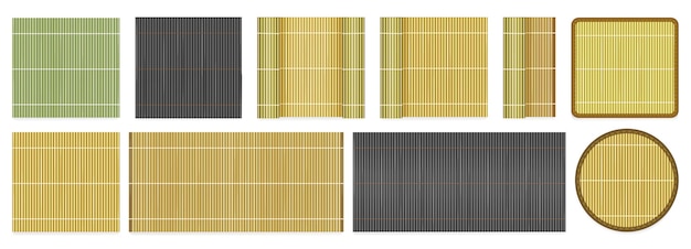Tappeti di bambù per servire, fare rotoli. vista dall'alto. illustrazione vettoriale di una serie di rivestimenti per cucina giapponese, asiatica in stile cartone animato. cerchio, rettangolo, forma quadrata.