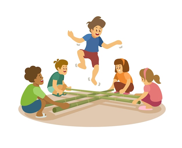 Bamboo stick jump traditional game cartoon illustration vector