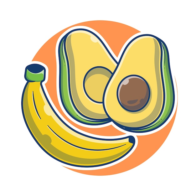 Banaan en avocado verse cartoon afbeelding. Banaan en een plak avocado fruit concept. Fruit concept illustratie. Flat cartoon stijl.