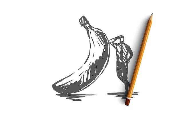 Banaan, eten, fruit, vers, biologisch concept. hand getekende man in pak staat in de buurt van banaan concept schets. illustratie.