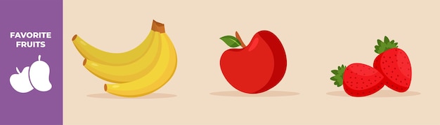 Banaan, kers en aardbei fruit set concept gekleurde platte grafische vectorillustratie geïsoleerd