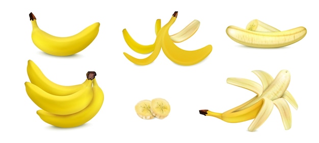 Banaan realistische set met geïsoleerd gepeld en ongeschild fruit met plakjes vectorillustratie