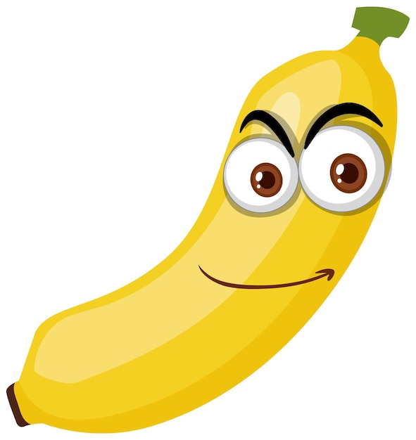 Banaan stripfiguur met blije gezichtsuitdrukking op witte achtergrond