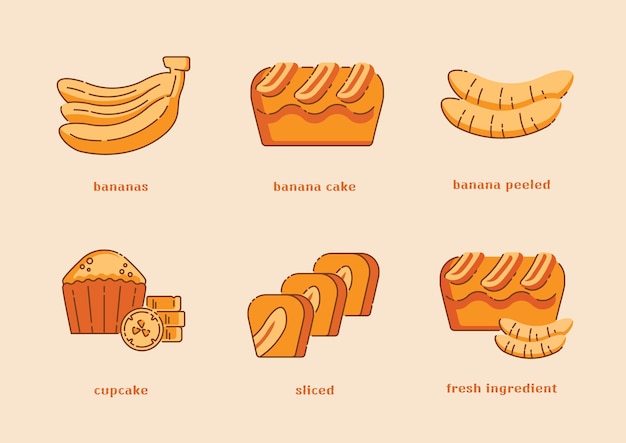 Vector banana cake icon set