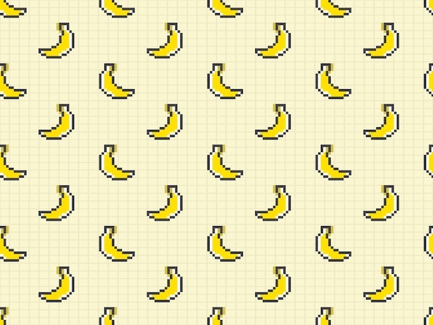 Banana cartoon character seamless pattern on yellow background. pixel style