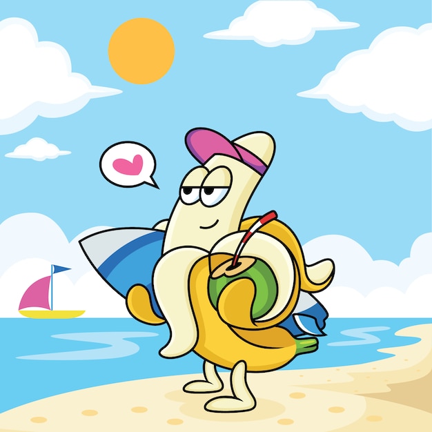Vettore il fumetto della banana è rilassante sulla spiaggia
